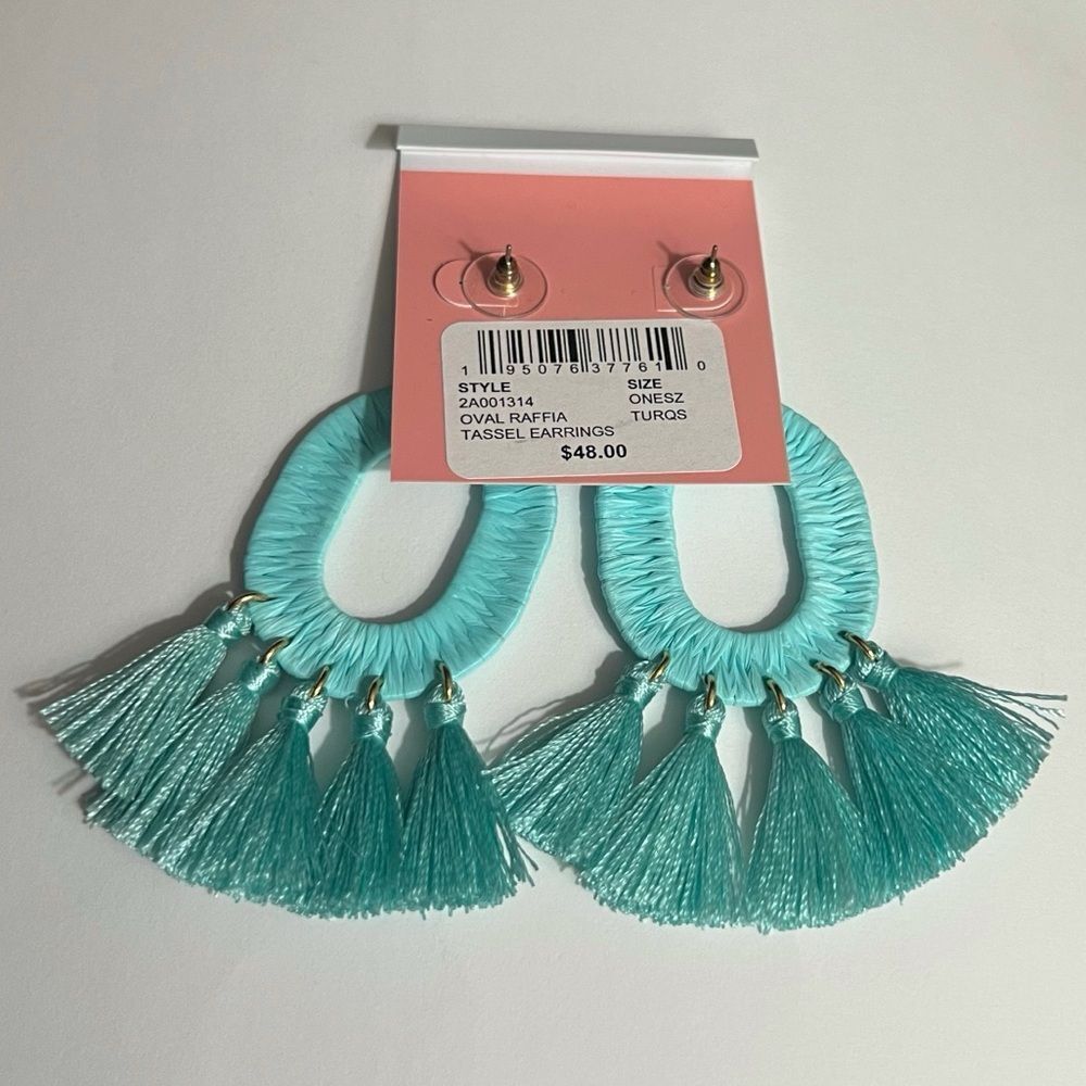 Vineyard Vines Aqua Oval Tassel Drop Earrings Gold Tone Statement Beach - Picture 2 of 3